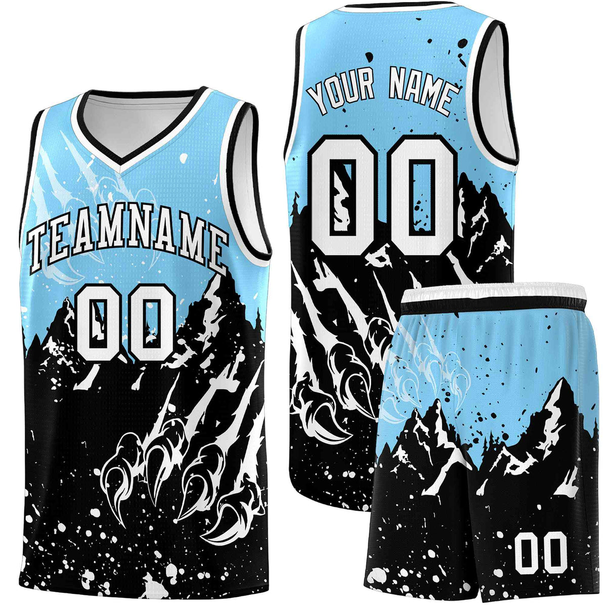 Custom Light Blue Black Snow Mountain Beast Pattern Sports Uniform Basketball Jersey