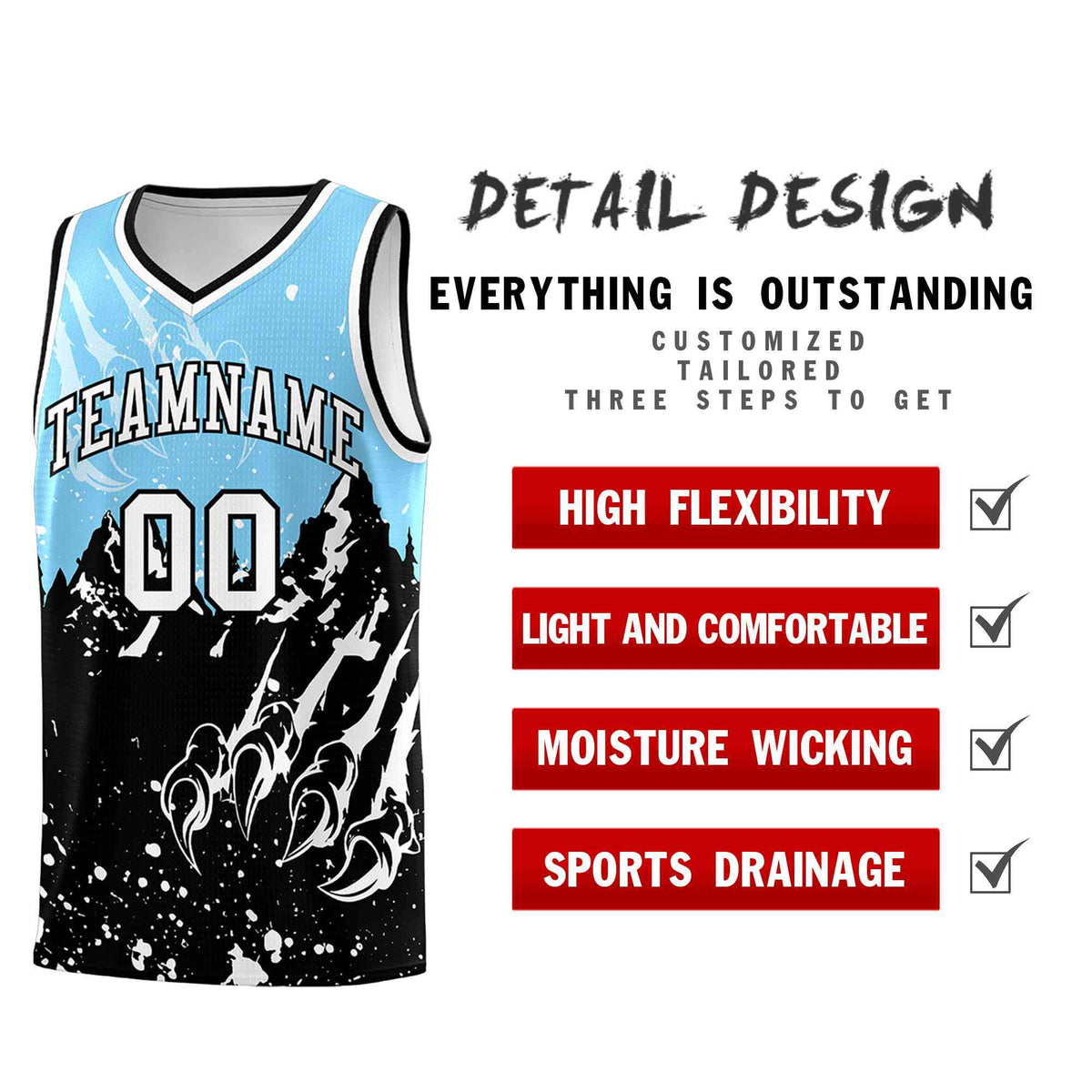 Custom Light Blue Black Snow Mountain Beast Pattern Sports Uniform Basketball Jersey