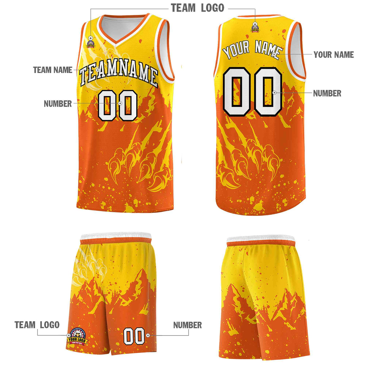 Custom Gold Orange Snow Mountain Beast Pattern Sports Uniform Basketball Jersey