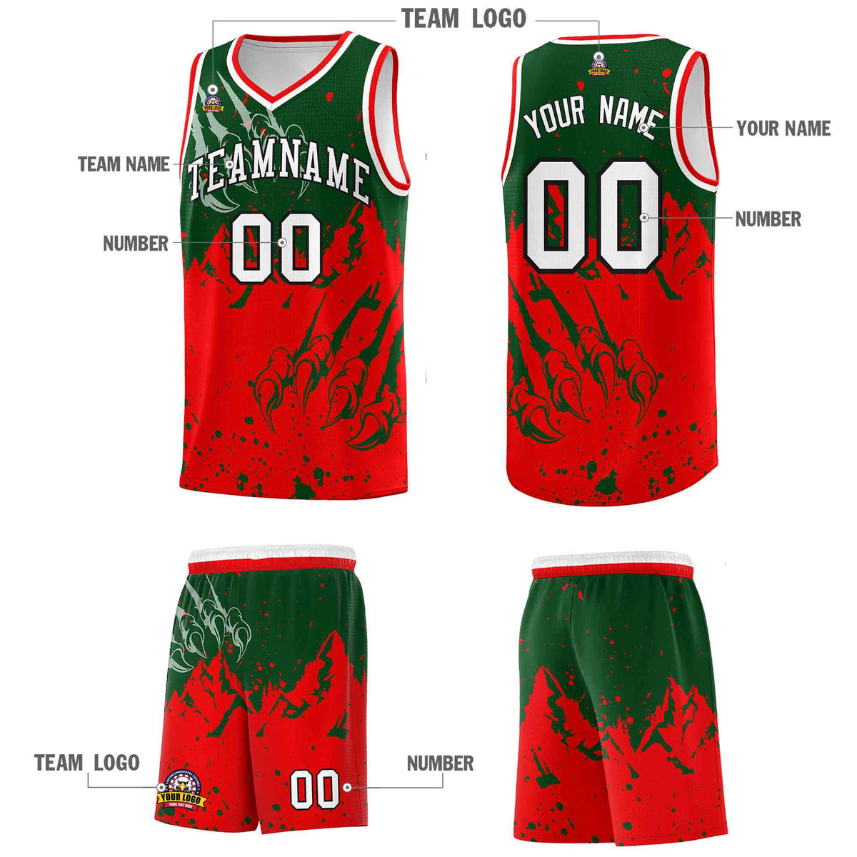 Custom Green Light Red Snow Mountain Beast Pattern Sports Uniform Basketball Jersey