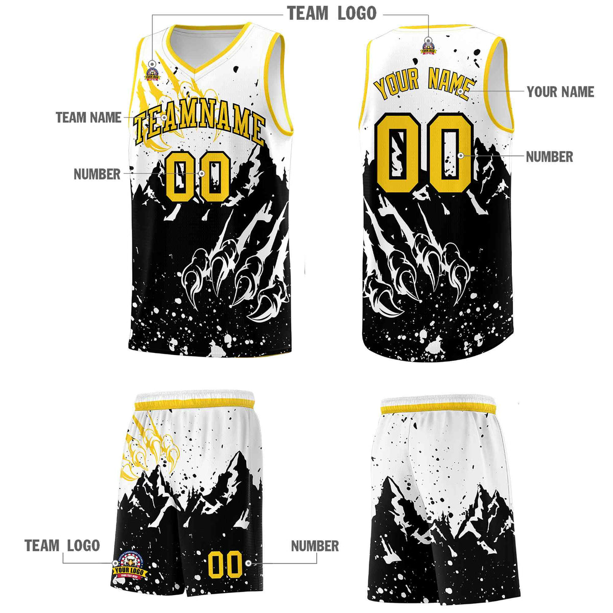 Custom White Black Snow Mountain Beast Pattern Sports Uniform Basketball Jersey