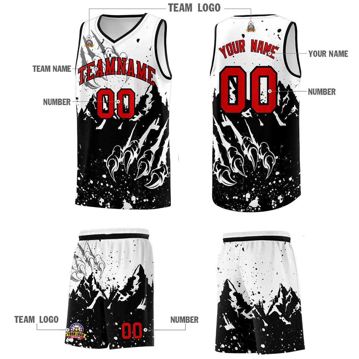 Custom White Black Snow Mountain Beast Pattern Sports Uniform Basketball Jersey