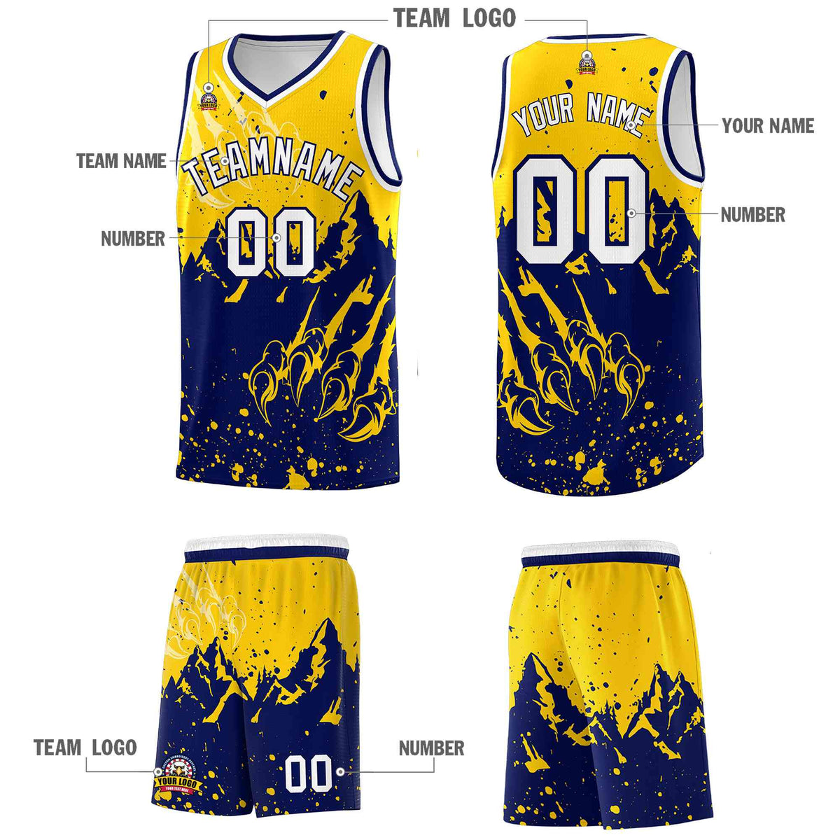 Custom Gold Navy Snow Mountain Beast Pattern Sports Uniform Basketball Jersey