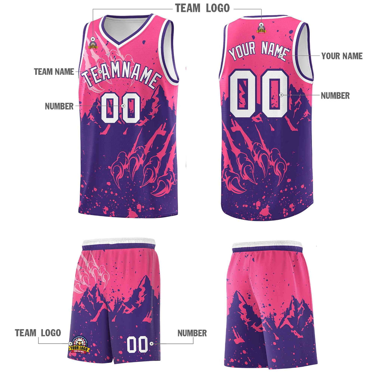 Custom Pink Purple Snow Mountain Beast Pattern Sports Uniform Basketball Jersey