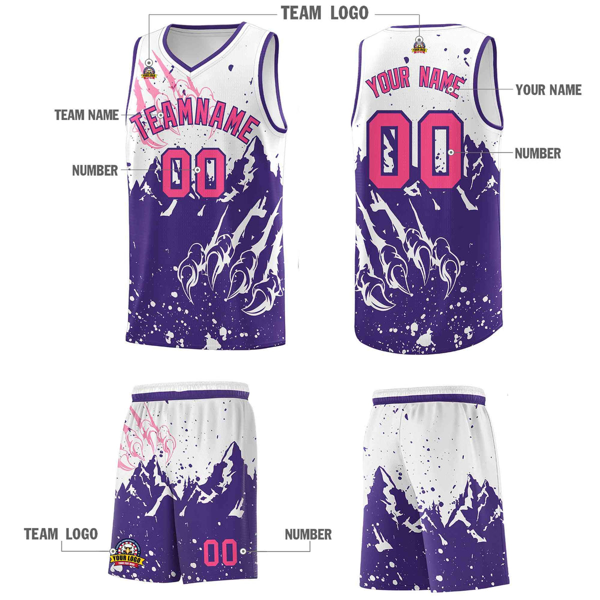 Custom White Purple Snow Mountain Beast Pattern Sports Uniform Basketball Jersey