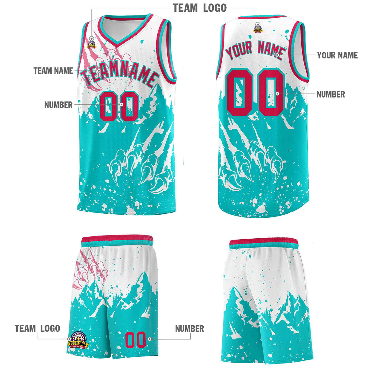 Custom White Aqua Snow Mountain Beast Pattern Sports Uniform Basketball Jersey
