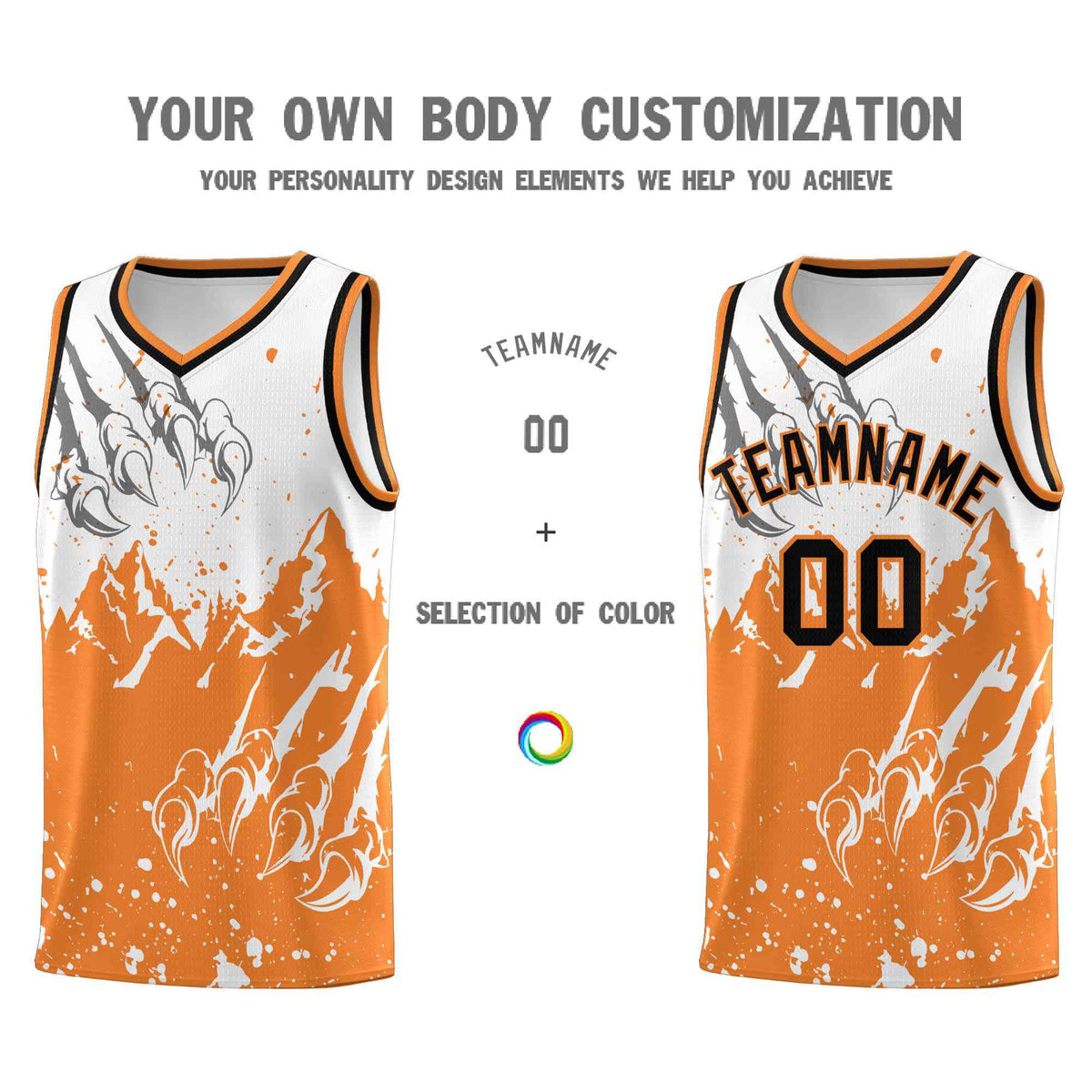 Custom White Gold Orange Snow Mountain Beast Pattern Sports Uniform Basketball Jersey