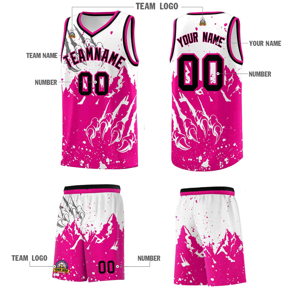 Custom White Pink Snow Mountain Beast Pattern Sports Uniform Basketball Jersey