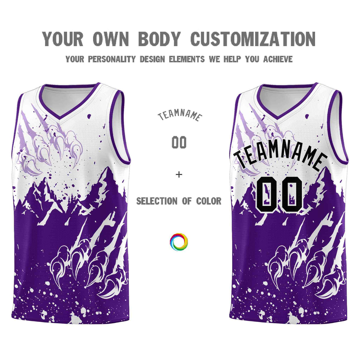 Custom White Purple Snow Mountain Beast Pattern Sports Uniform Basketball Jersey