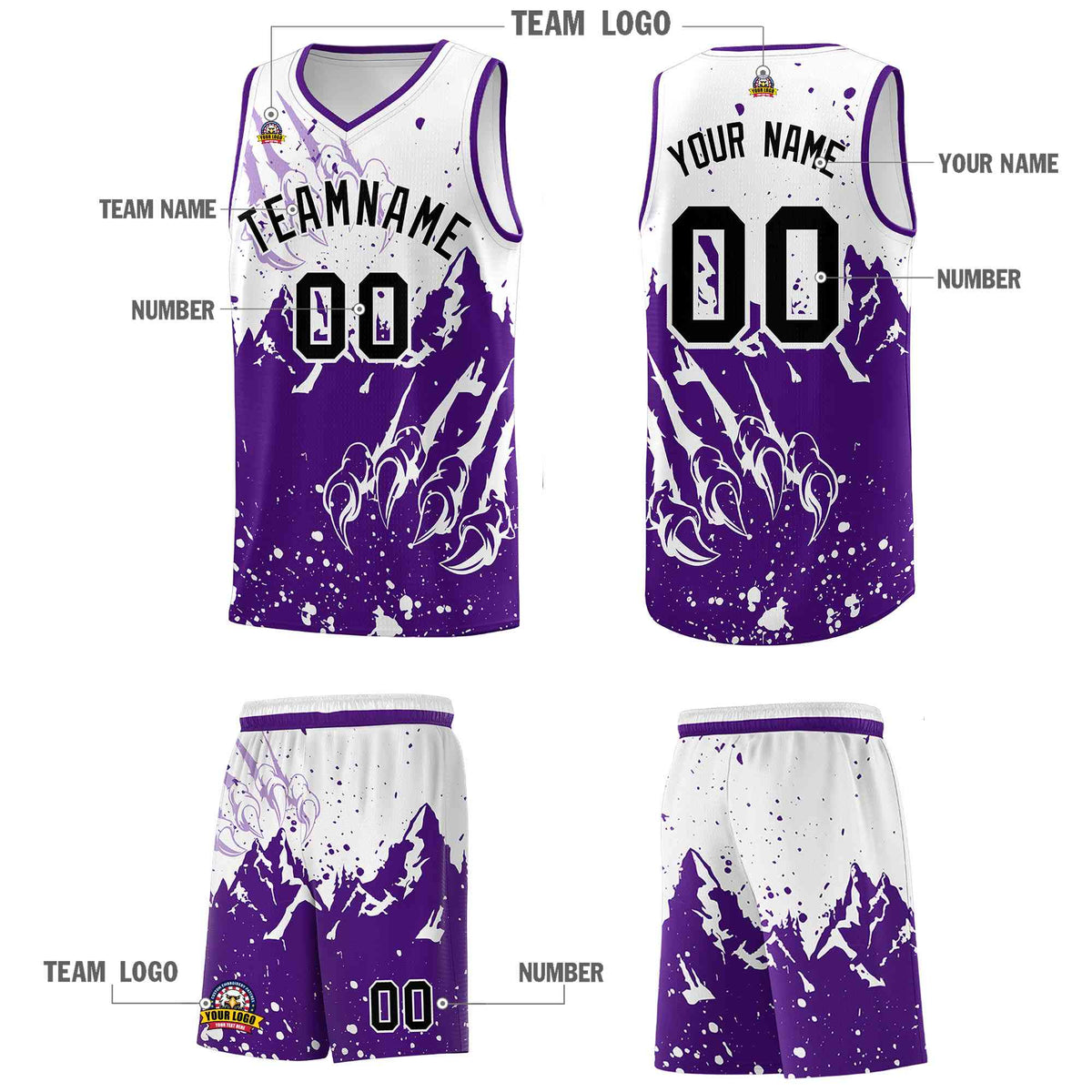 Custom White Purple Snow Mountain Beast Pattern Sports Uniform Basketball Jersey