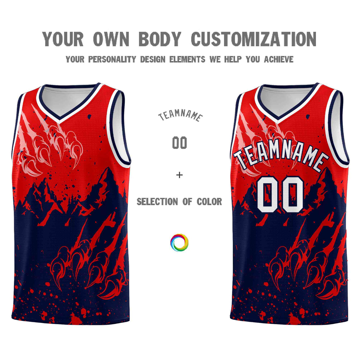 Custom Red Navy Snow Mountain Beast Pattern Sports Uniform Basketball Jersey