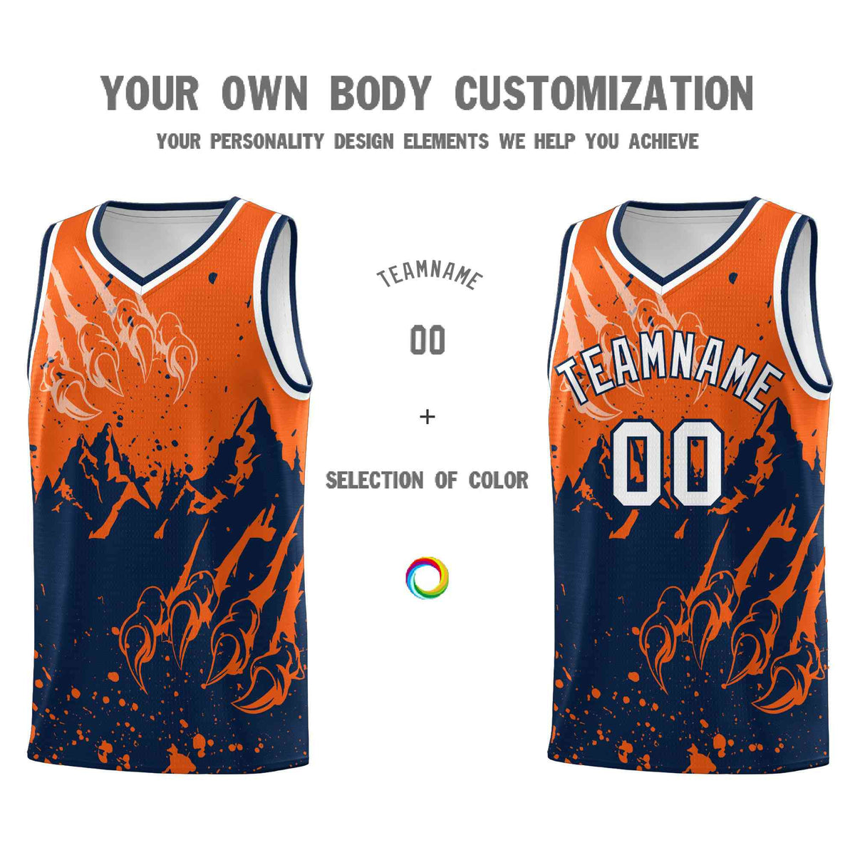 Custom Orange Navy Snow Mountain Beast Pattern Sports Uniform Basketball Jersey