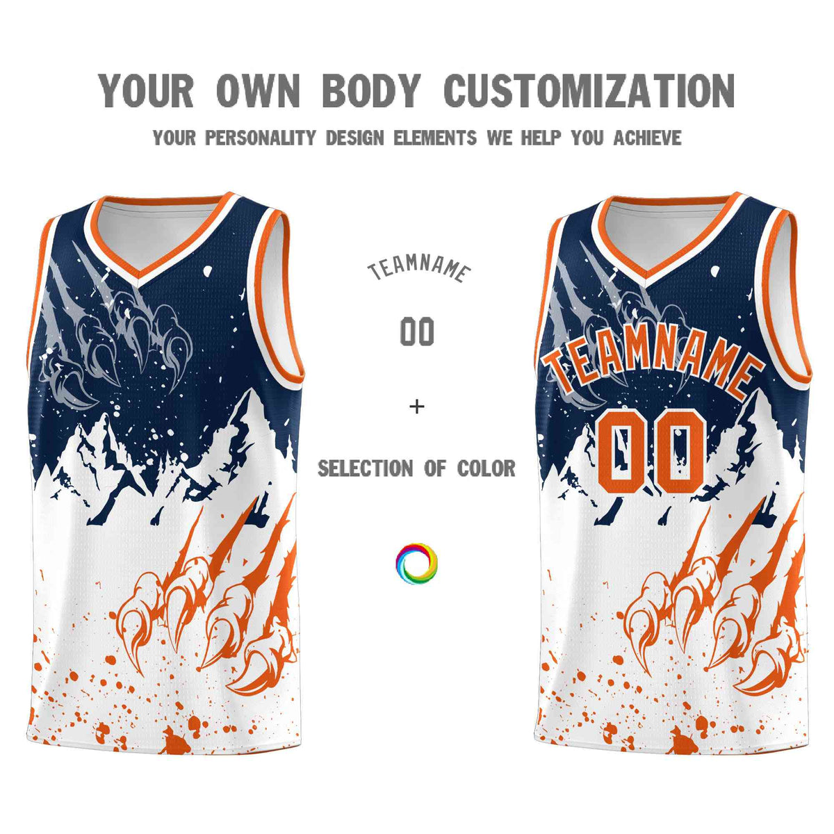 Custom Navy Orange Snow Mountain Beast Pattern Sports Uniform Basketball Jersey