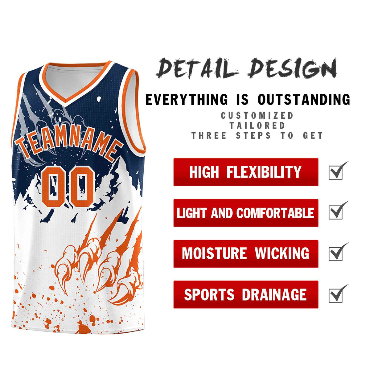 Custom Navy Orange Snow Mountain Beast Pattern Sports Uniform Basketball Jersey