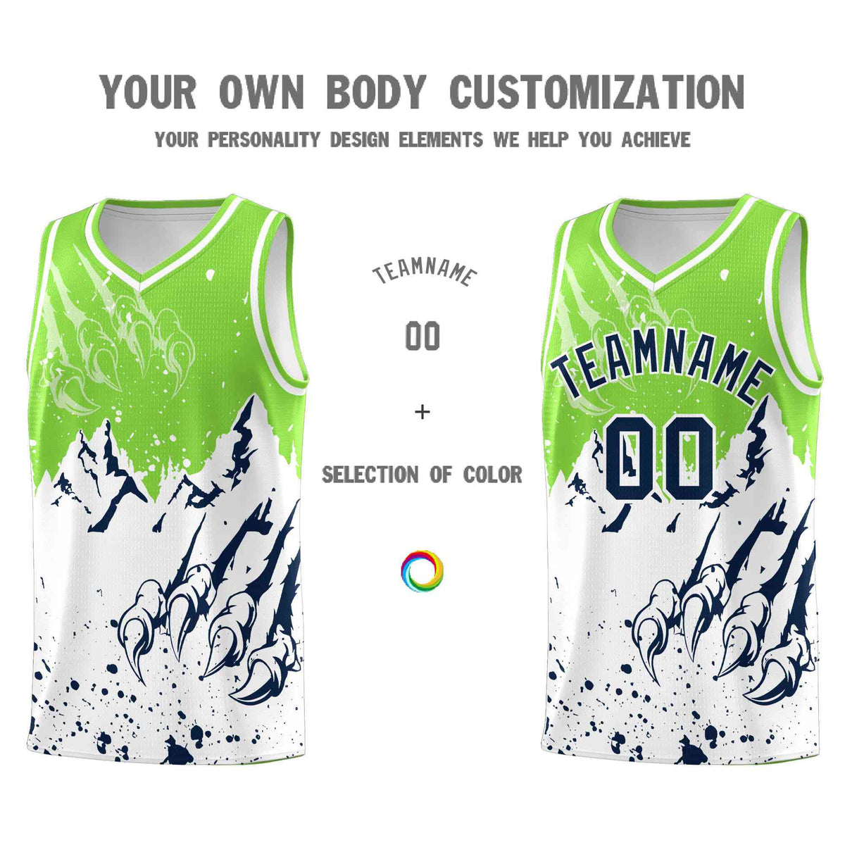 Custom Fluorescent Green White Snow Mountain Beast Pattern Sports Uniform Basketball Jersey