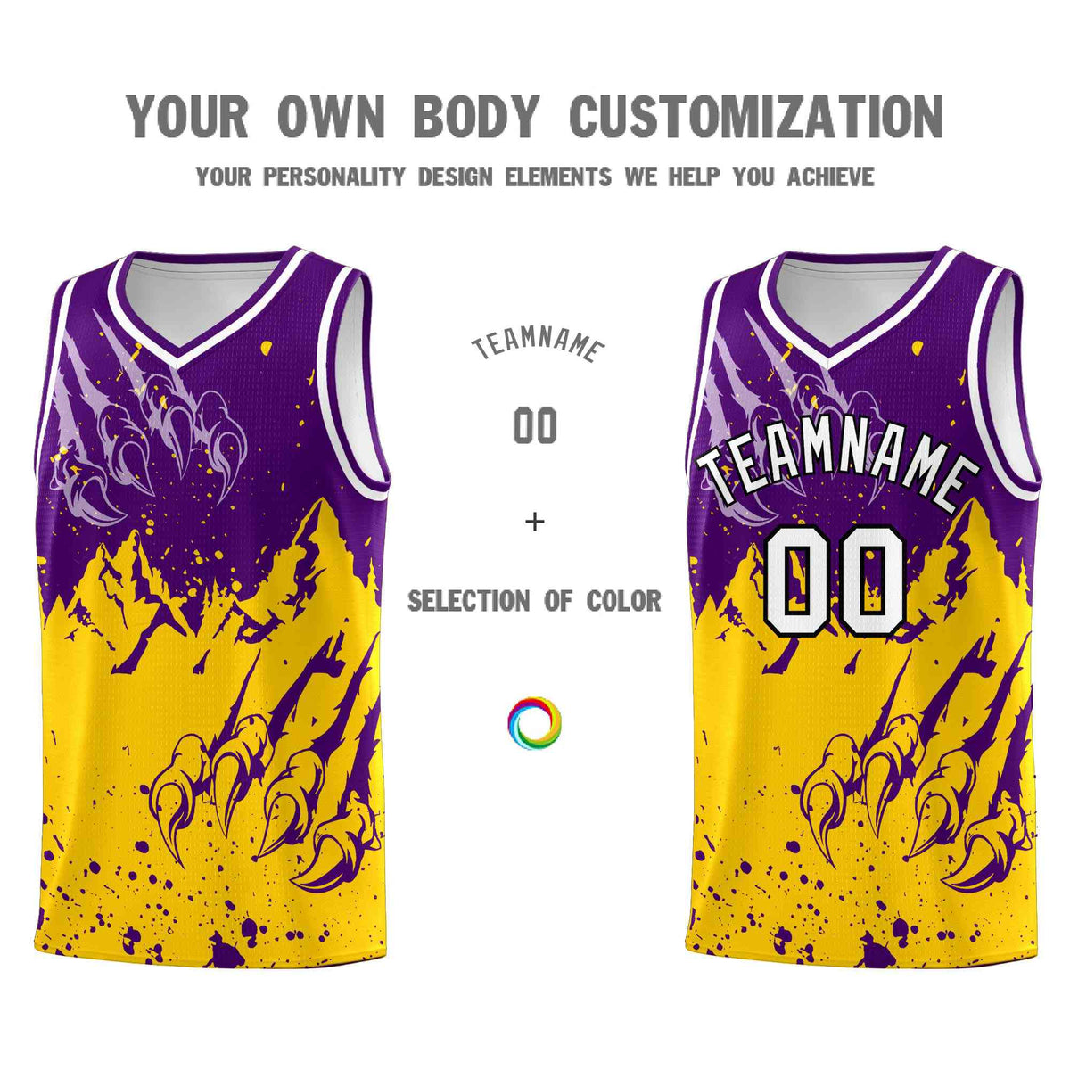 Custom Purple Gold Snow Mountain Beast Pattern Sports Uniform Basketball Jersey