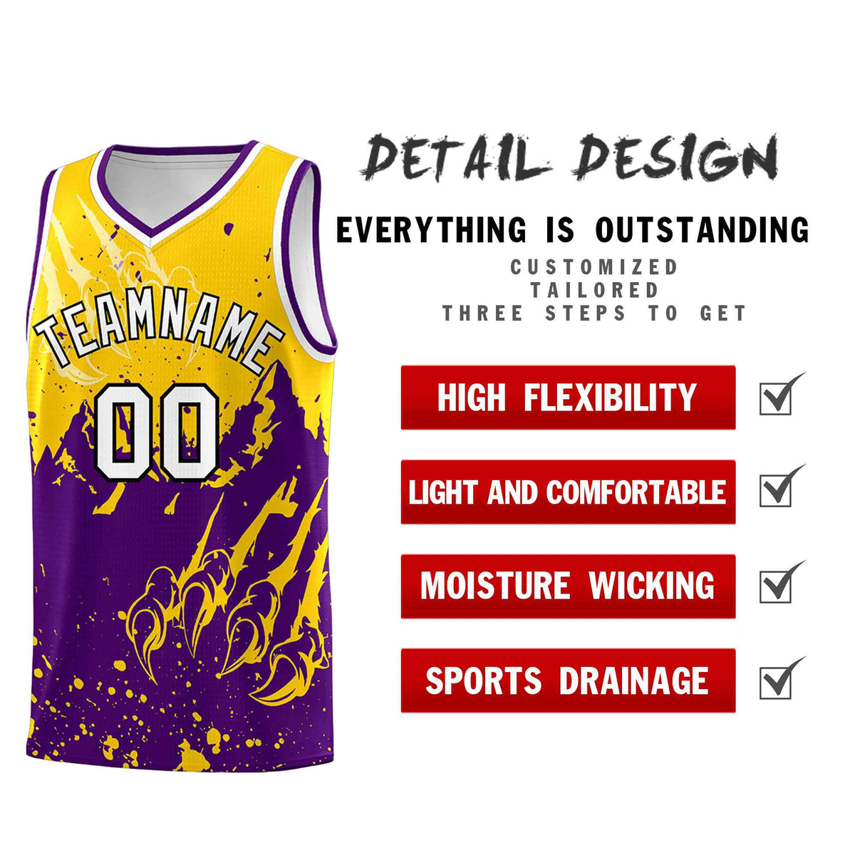 Custom Gold Purple Snow Mountain Beast Pattern Sports Uniform Basketball Jersey