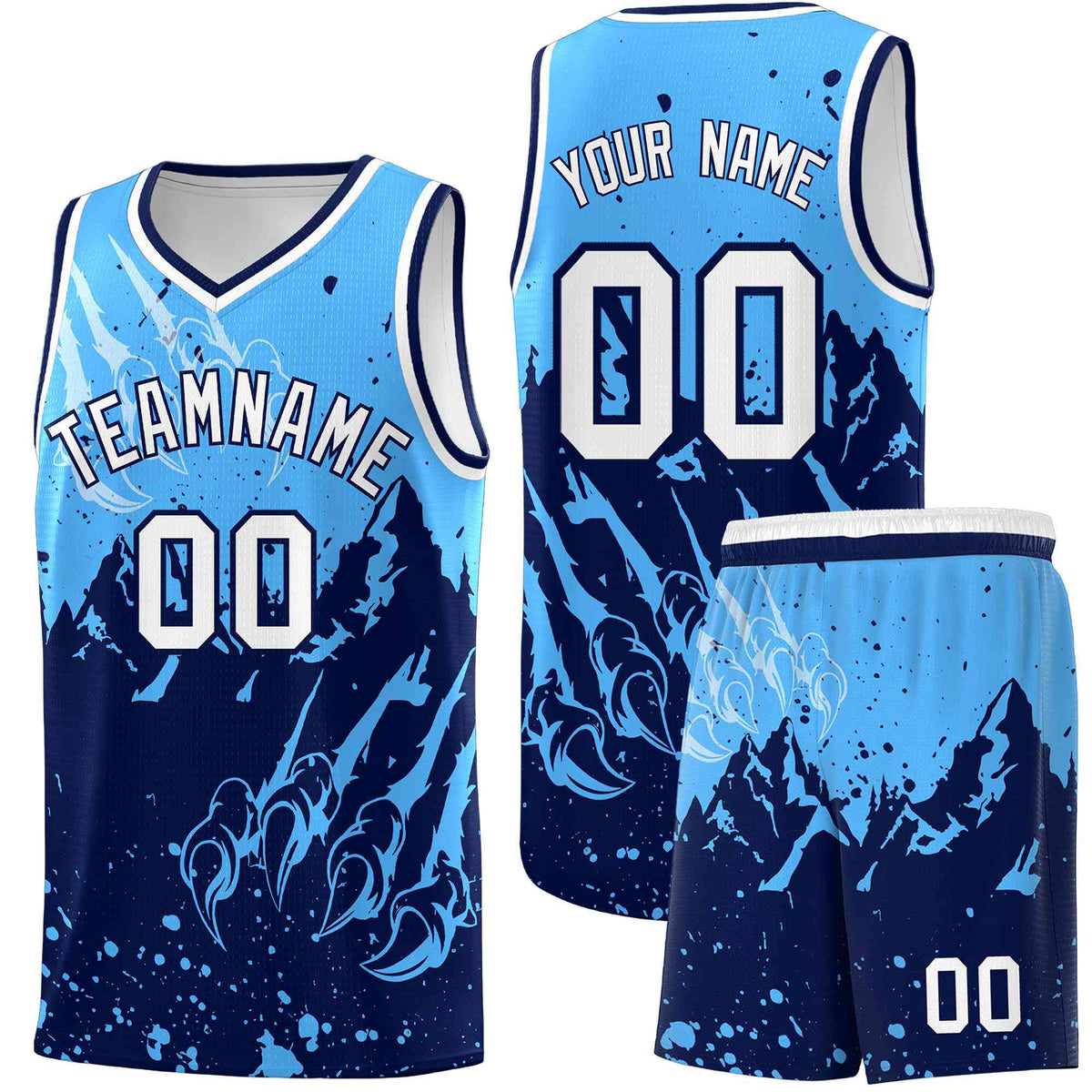 Custom Powder Blue Navy Snow Mountain Beast Pattern Sports Uniform Basketball Jersey