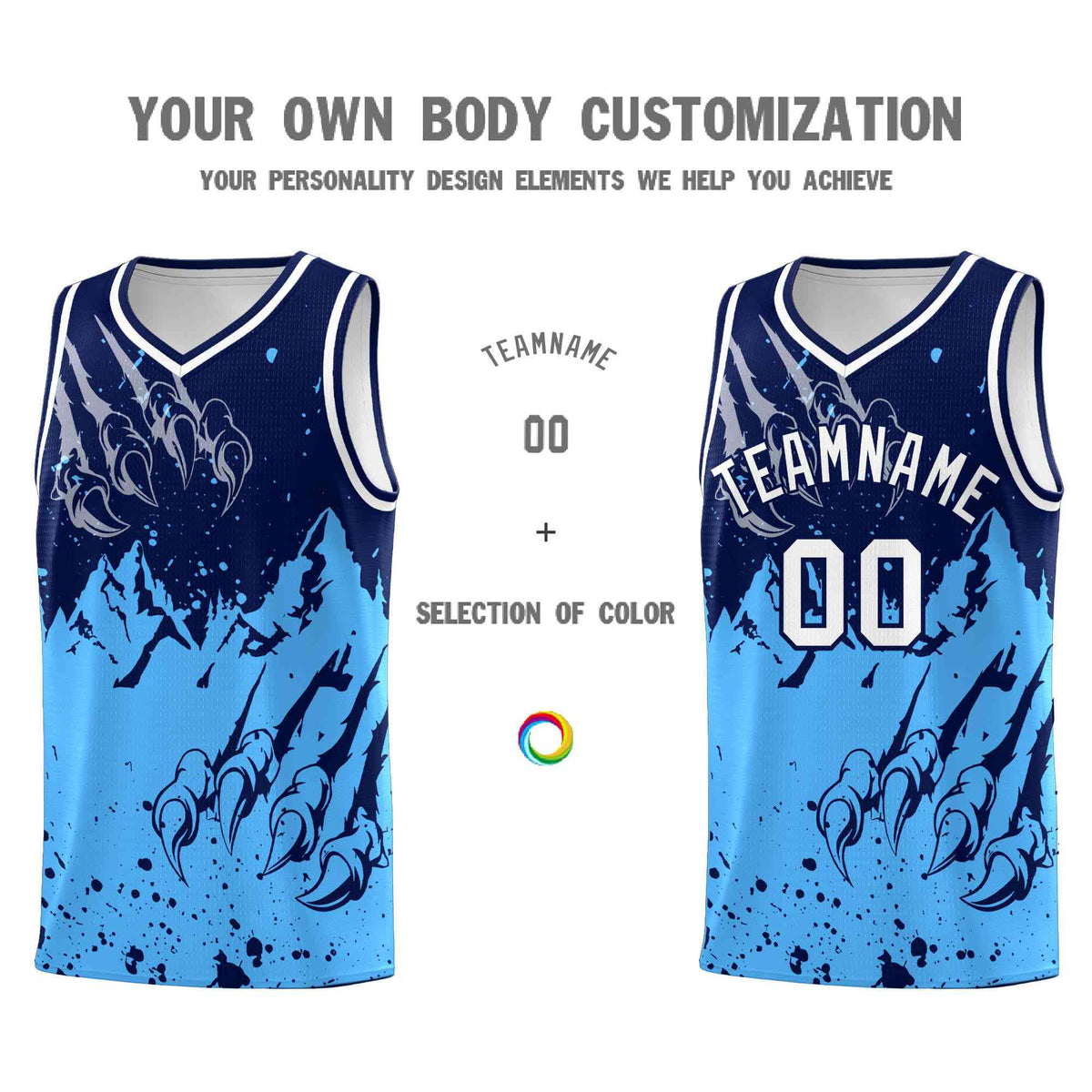 Custom Navy Powder Blue Snow Mountain Beast Pattern Sports Uniform Basketball Jersey