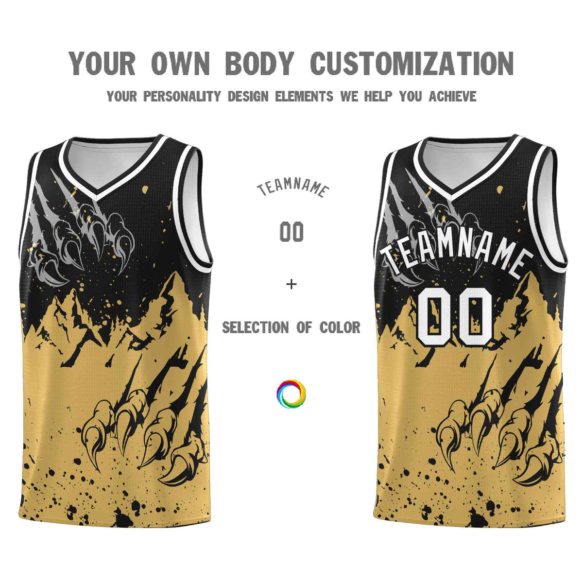 Custom Black Old Gold Snow Mountain Beast Pattern Sports Uniform Basketball Jersey