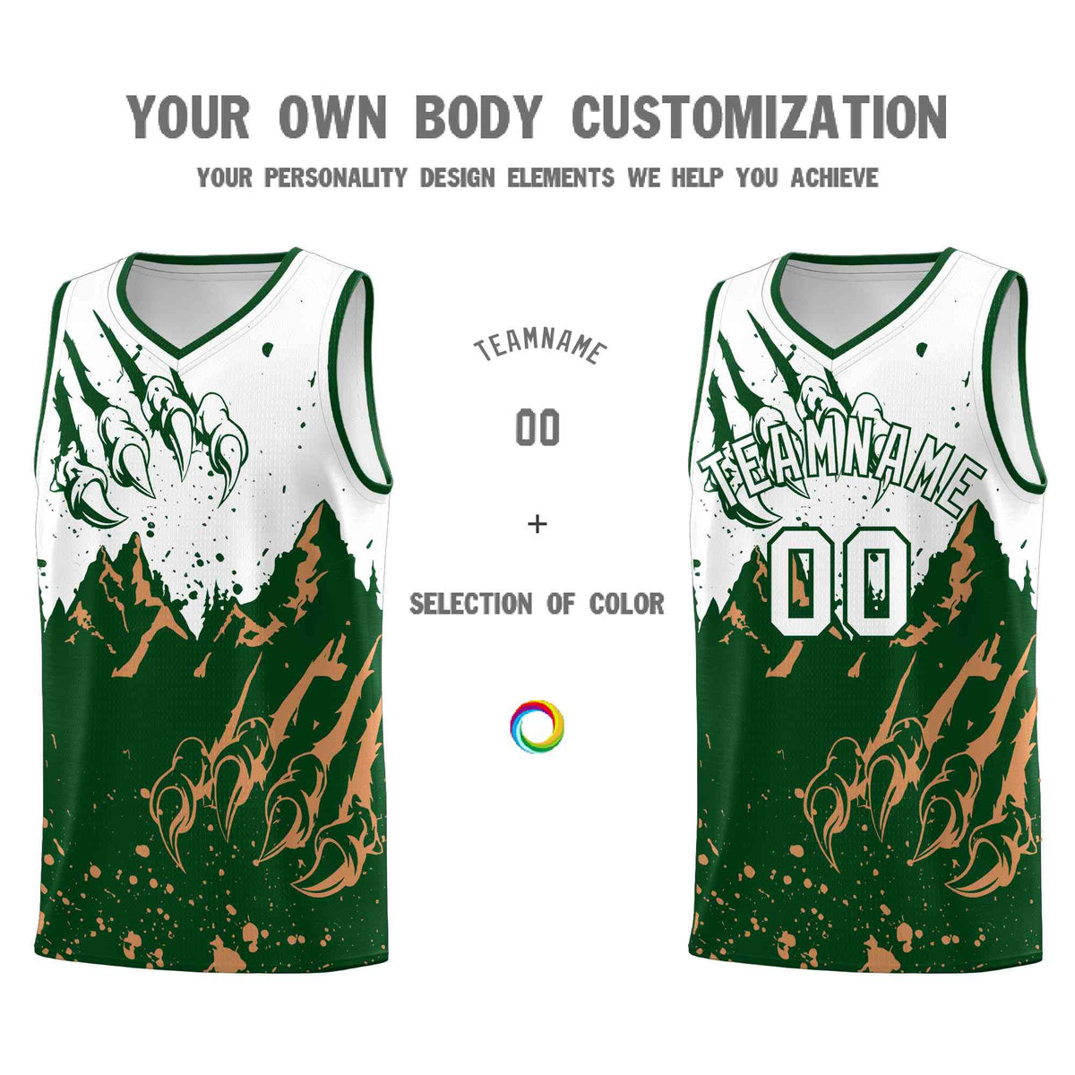 Custom White Green Snow Mountain Beast Pattern Sports Uniform Basketball Jersey