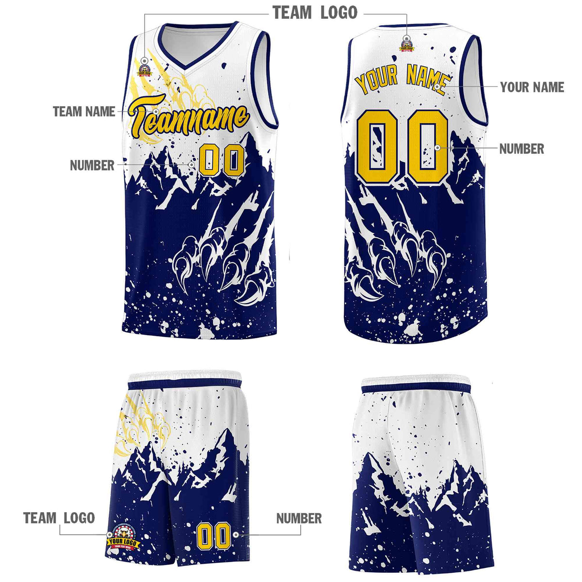 Custom White Navy Snow Mountain Beast Pattern Sports Uniform Basketball Jersey