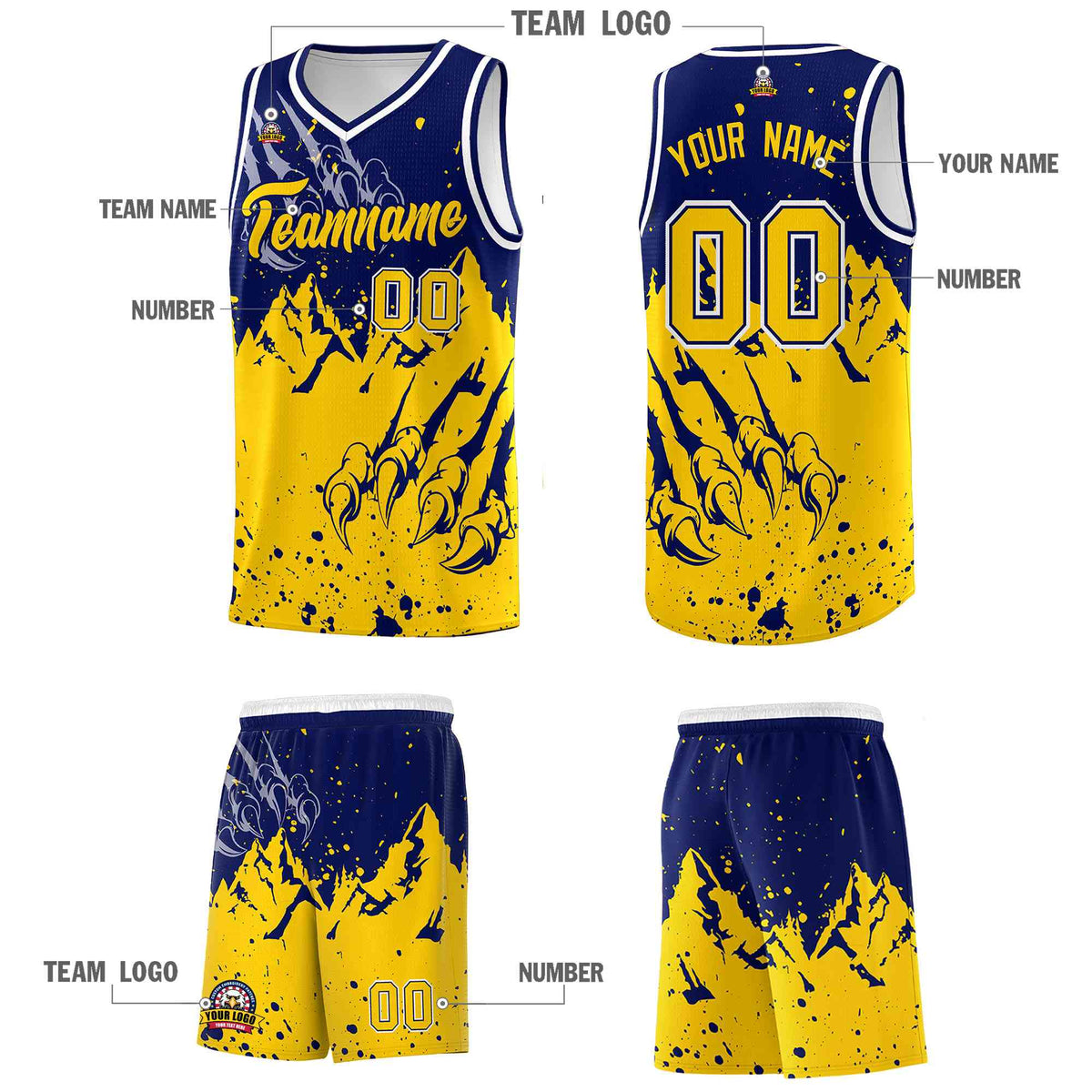 Custom Navy Gold Snow Mountain Beast Pattern Sports Uniform Basketball Jersey