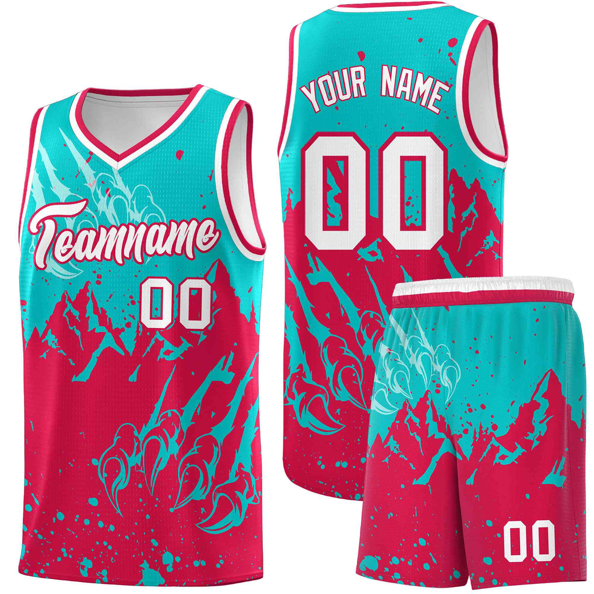 Custom Aqua Red Snow Mountain Beast Pattern Sports Uniform Basketball Jersey