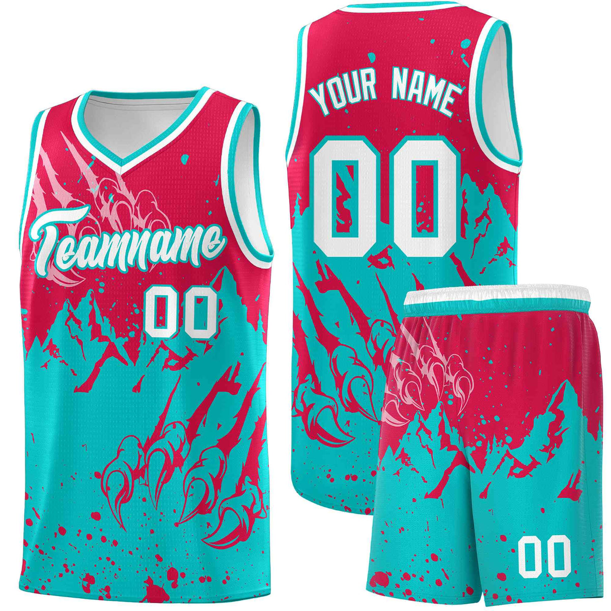 Custom Red Aqua Snow Mountain Beast Pattern Sports Uniform Basketball Jersey