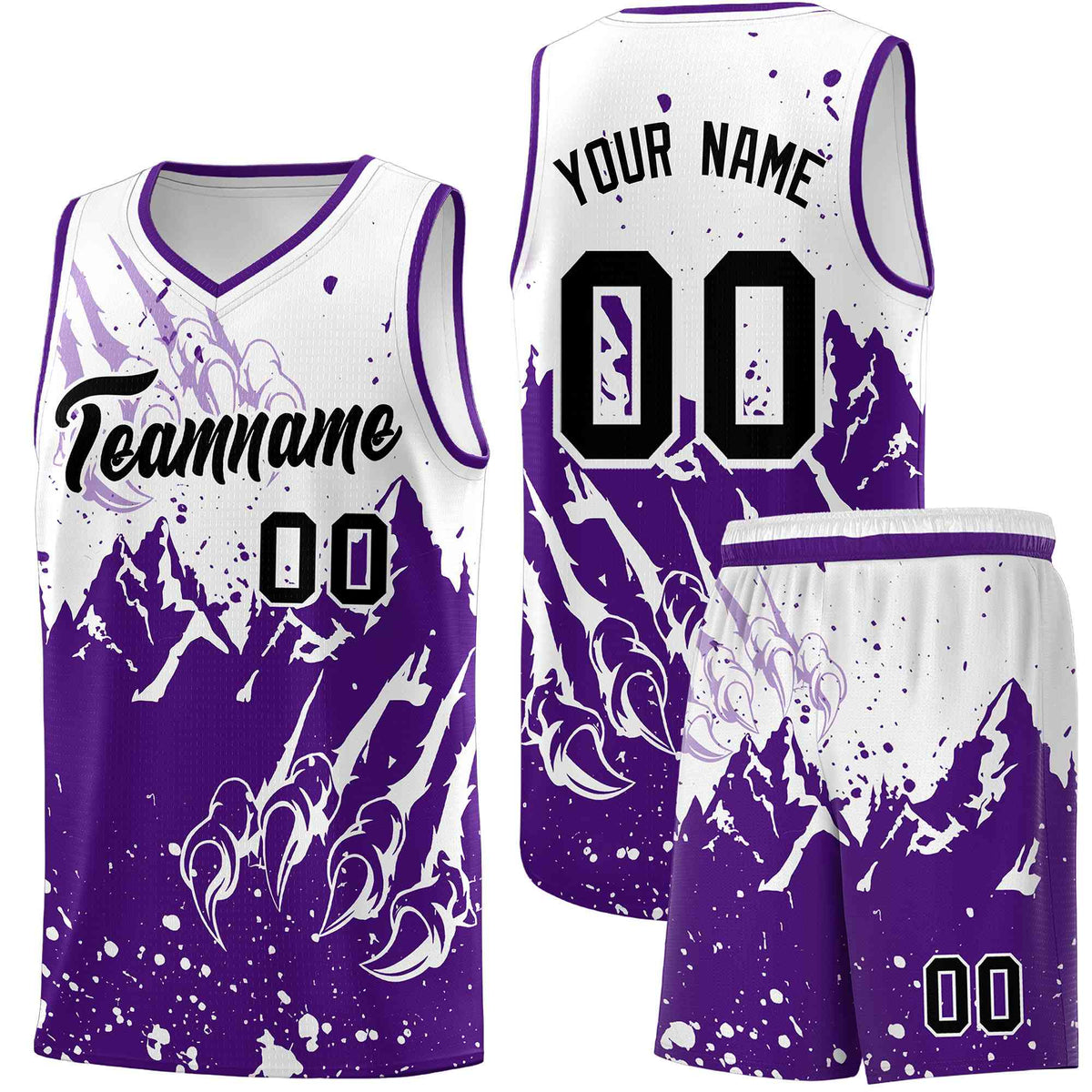 Custom White Purple Snow Mountain Beast Pattern Sports Uniform Basketball Jersey