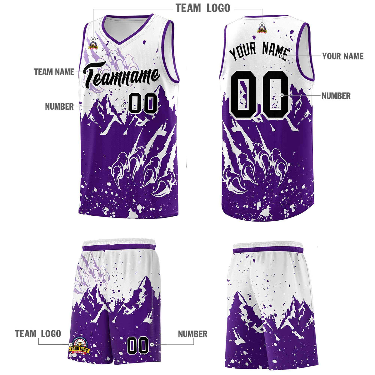 Custom White Purple Snow Mountain Beast Pattern Sports Uniform Basketball Jersey