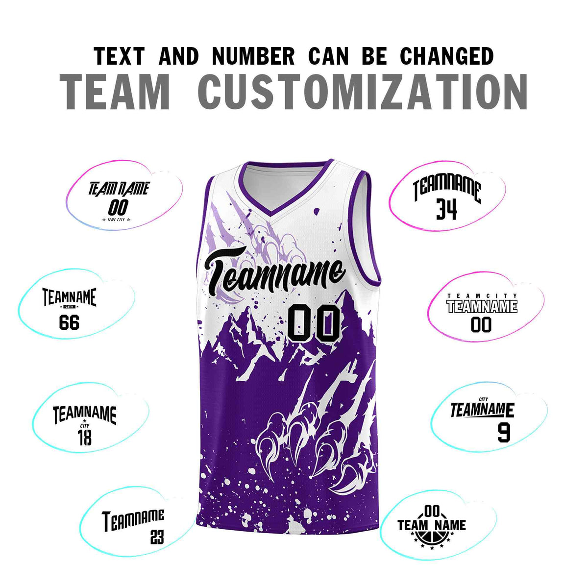 Custom White Purple Snow Mountain Beast Pattern Sports Uniform Basketball Jersey
