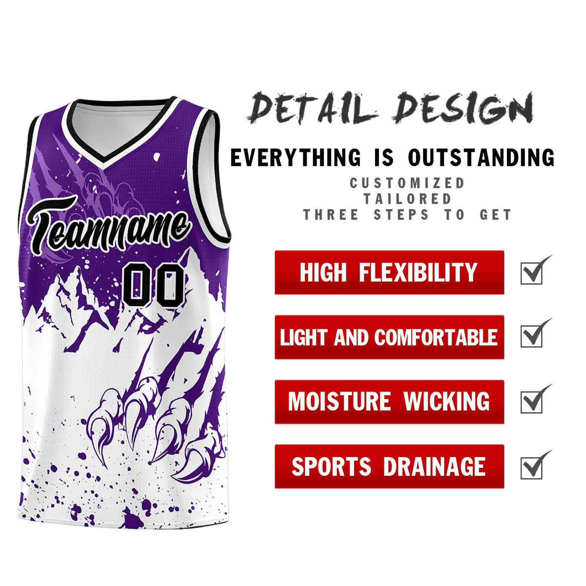 Custom Purple White Snow Mountain Beast Pattern Sports Uniform Basketball Jersey