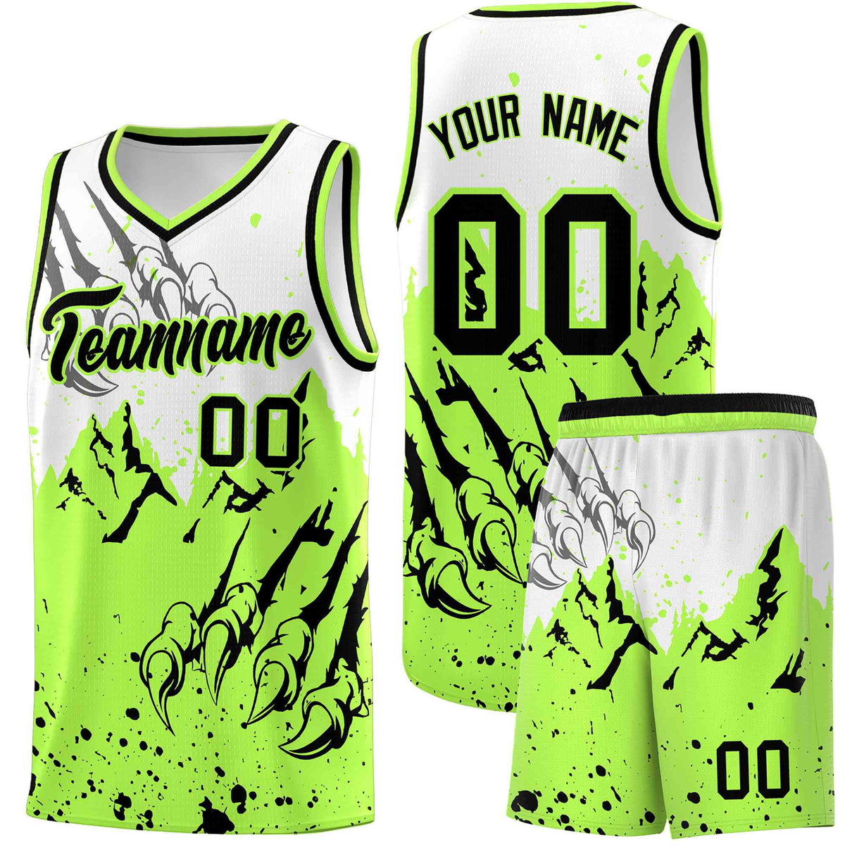 Custom White Fluorescent Green Snow Mountain Beast Pattern Sports Uniform Basketball Jersey