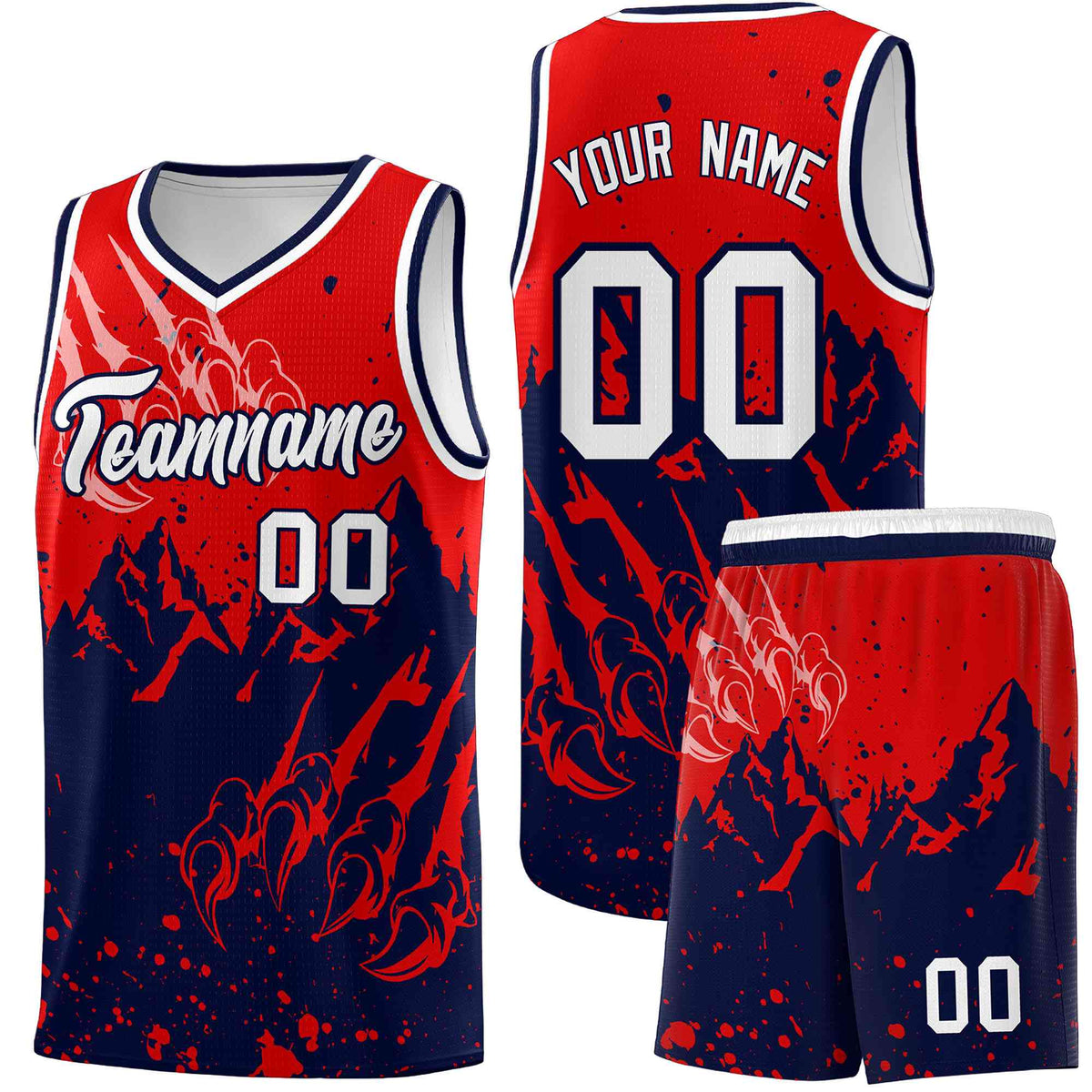 Custom Red Navy Snow Mountain Beast Pattern Sports Uniform Basketball Jersey