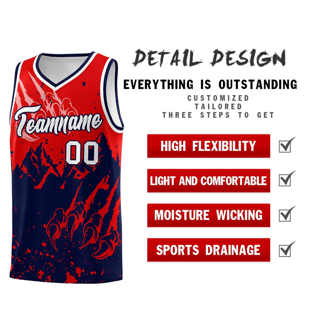 Custom Red Navy Snow Mountain Beast Pattern Sports Uniform Basketball Jersey