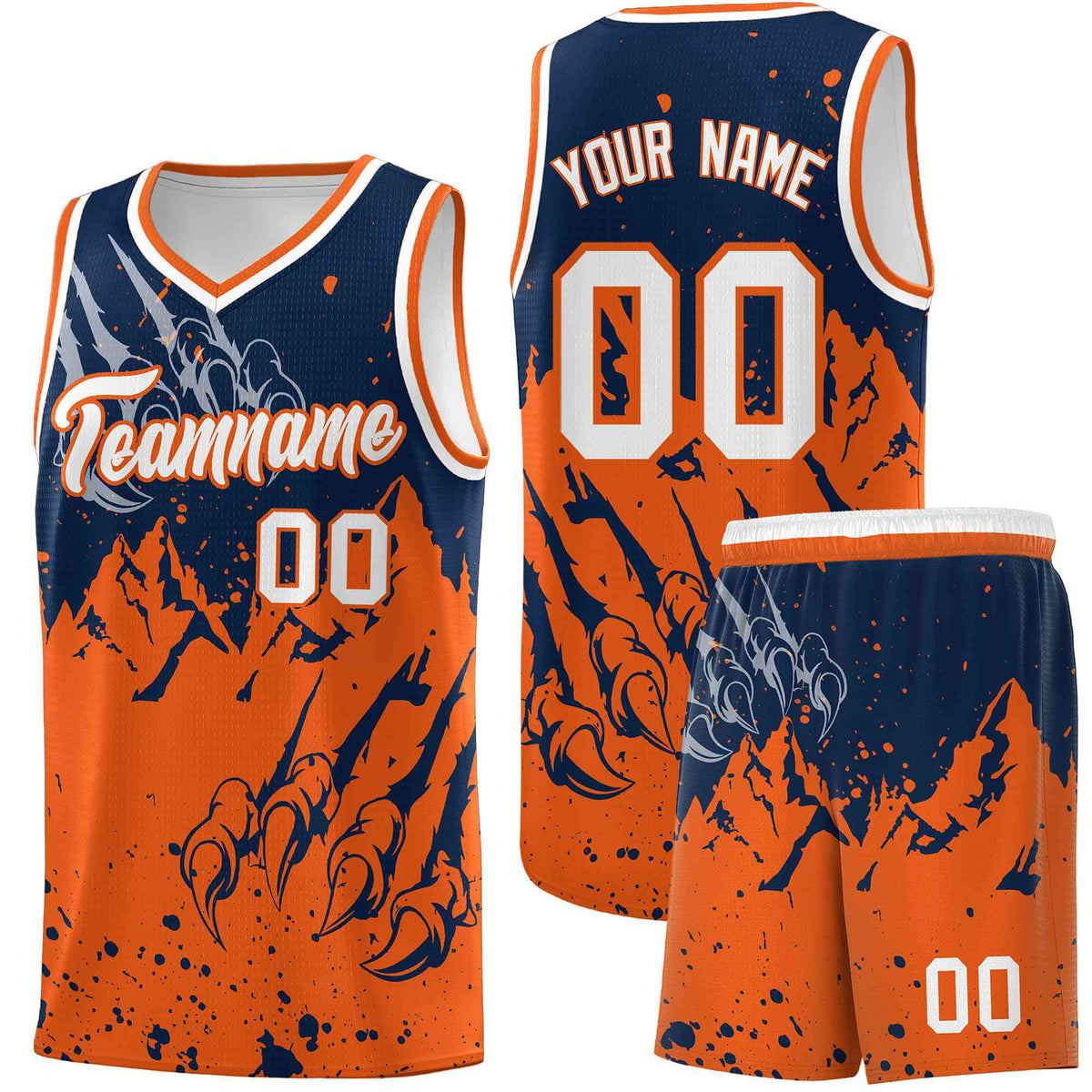 Custom Navy Orange Snow Mountain Beast Pattern Sports Uniform Basketball Jersey
