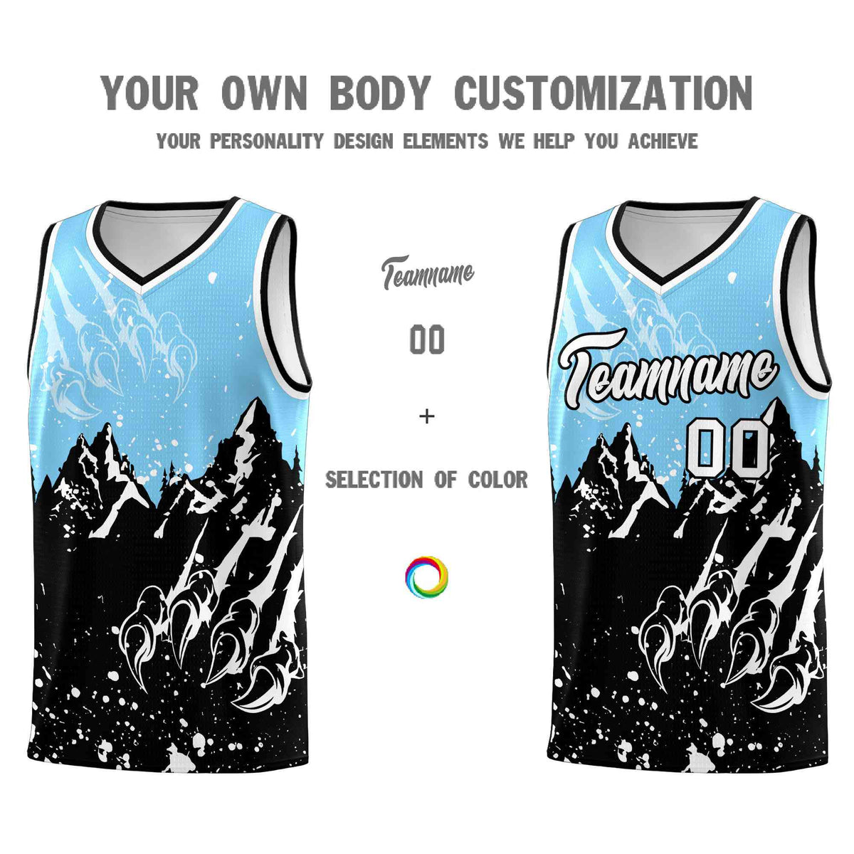 Custom Light Blue Black Snow Mountain Beast Pattern Sports Uniform Basketball Jersey