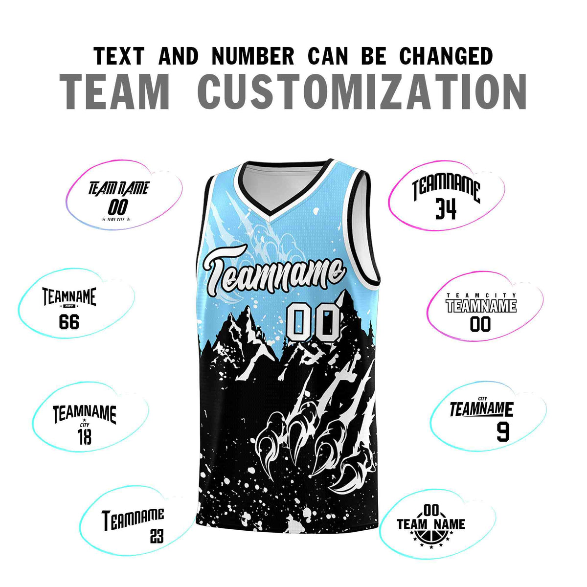 Custom Light Blue Black Snow Mountain Beast Pattern Sports Uniform Basketball Jersey