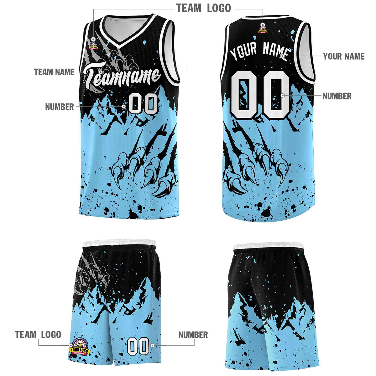 Custom Black Light Blue Snow Mountain Beast Pattern Sports Uniform Basketball Jersey