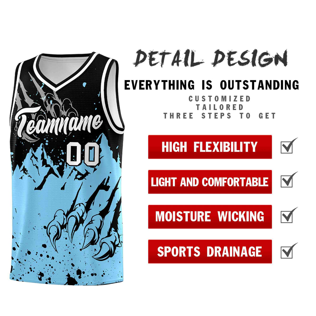 Custom Black Light Blue Snow Mountain Beast Pattern Sports Uniform Basketball Jersey