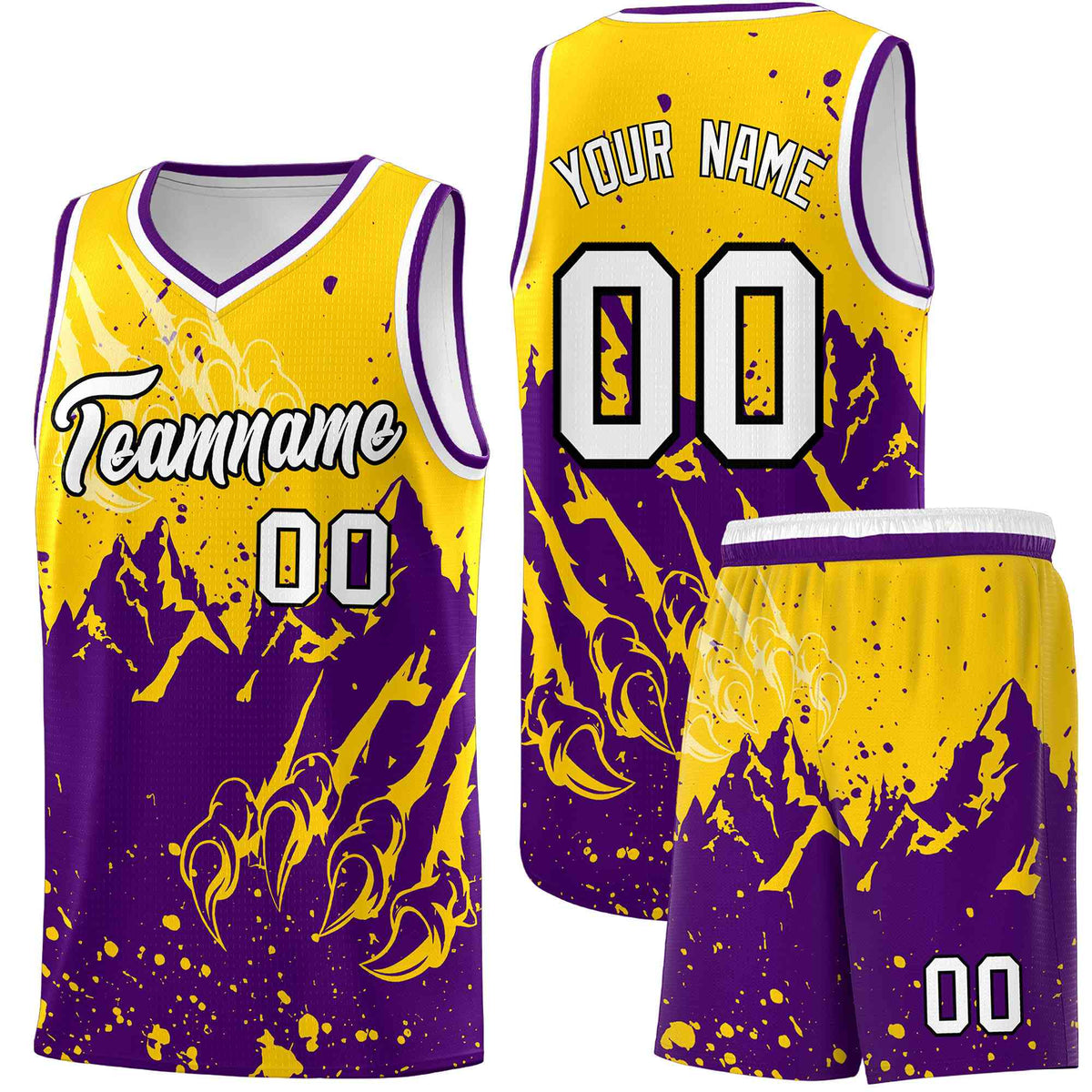Custom Gold Purple Snow Mountain Beast Pattern Sports Uniform Basketball Jersey