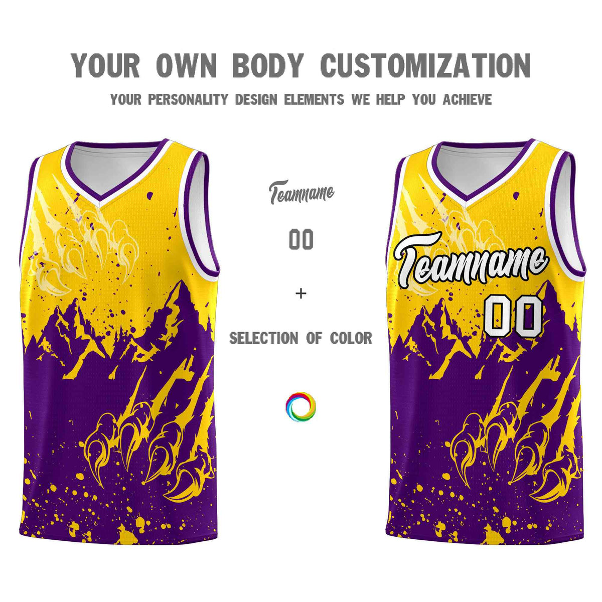 Custom Gold Purple Snow Mountain Beast Pattern Sports Uniform Basketball Jersey