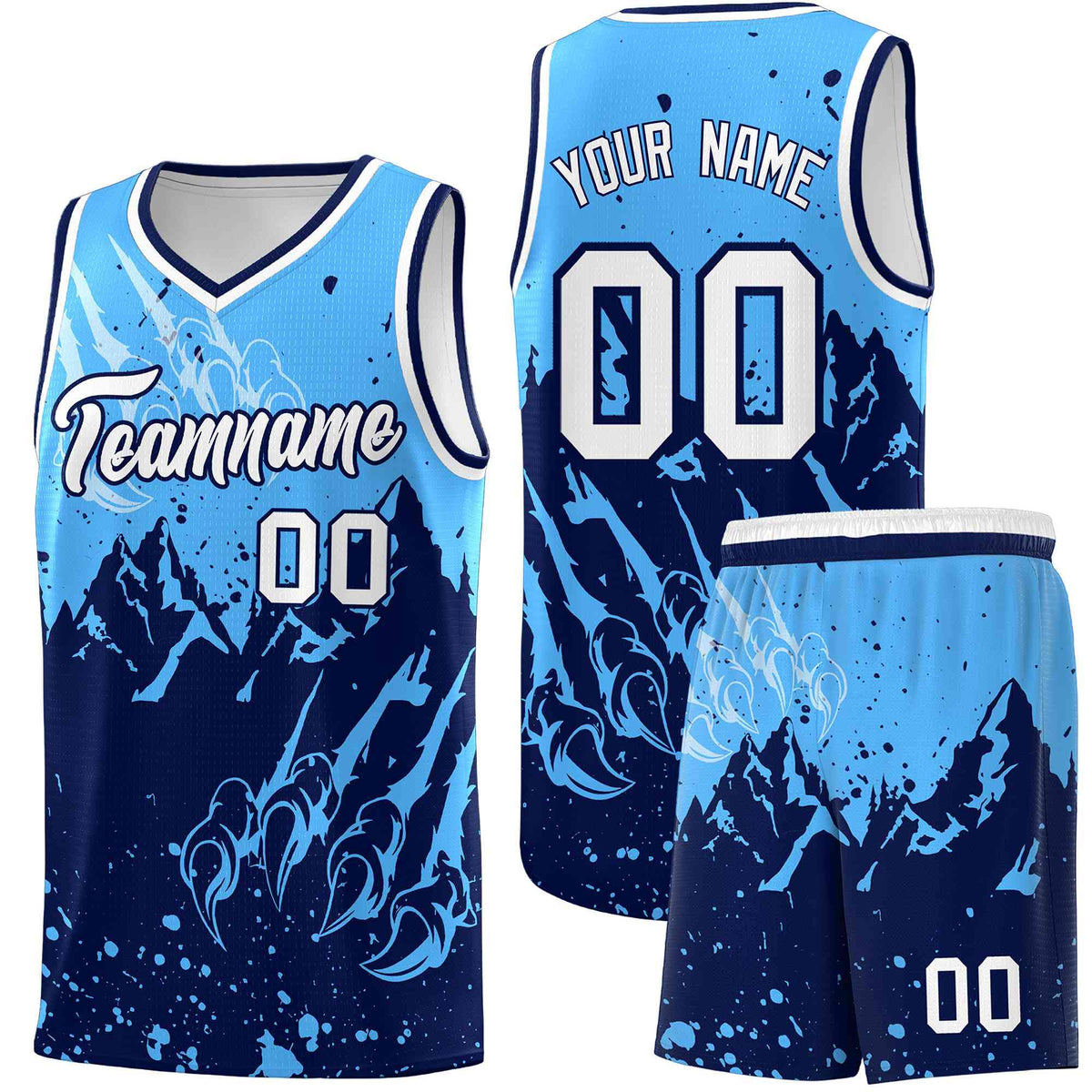 Custom Powder Blue Navy Snow Mountain Beast Pattern Sports Uniform Basketball Jersey