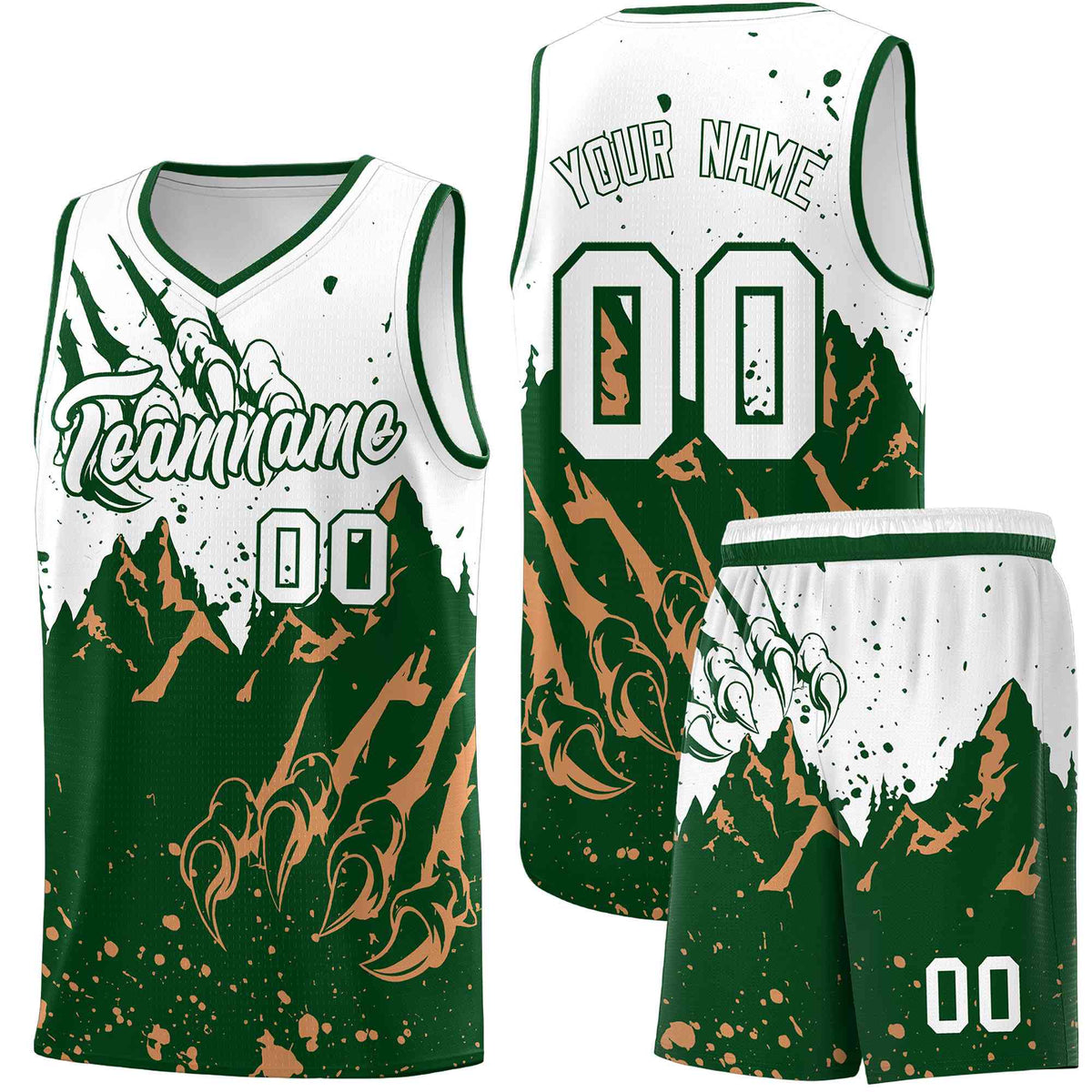 Custom White Green Snow Mountain Beast Pattern Sports Uniform Basketball Jersey