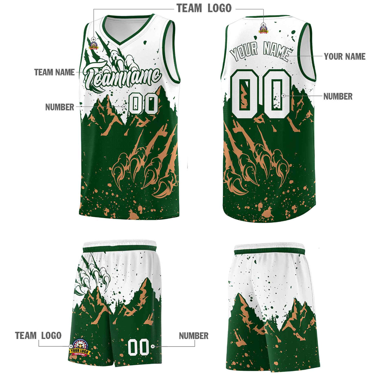 Custom White Green Snow Mountain Beast Pattern Sports Uniform Basketball Jersey
