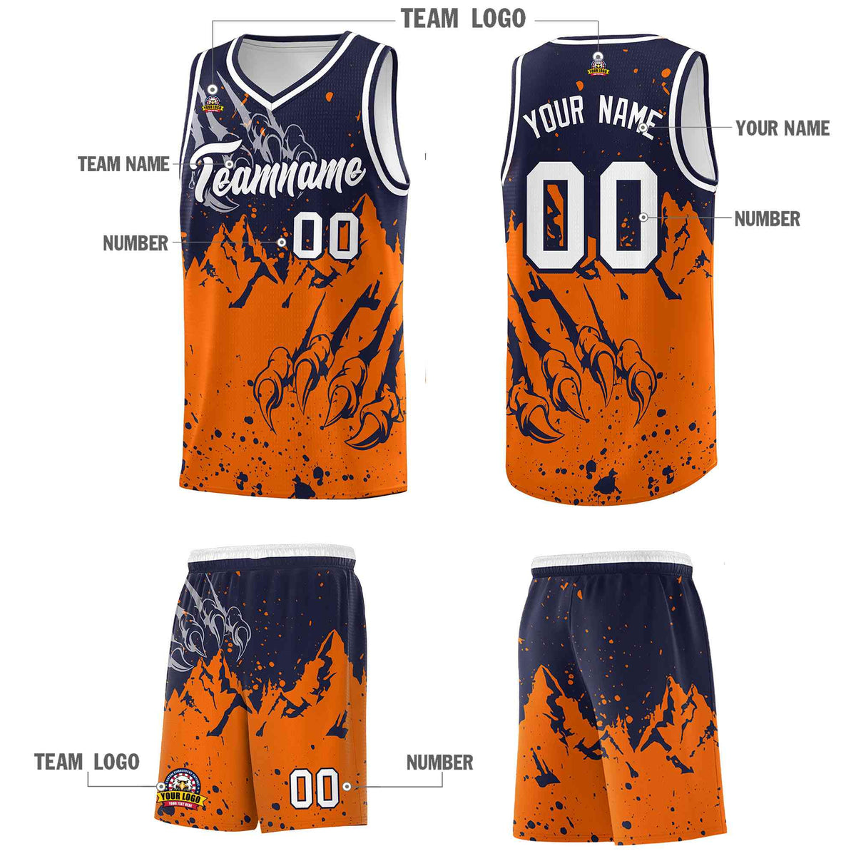 Custom Navy Orange Snow Mountain Beast Pattern Sports Uniform Basketball Jersey