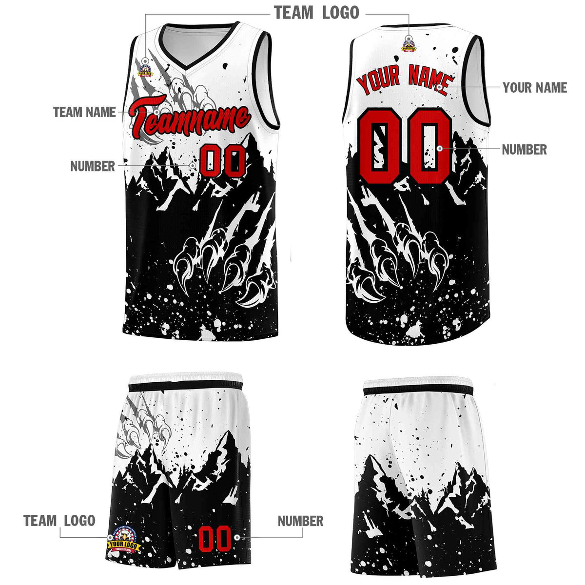 Custom White Black Snow Mountain Beast Pattern Sports Uniform Basketball Jersey