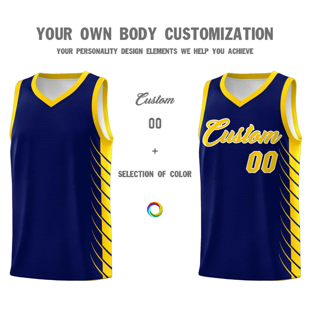 Custom Navy Gold Personalized Side Symmetrical Line Pattern Sports Uniform Basketball Jersey