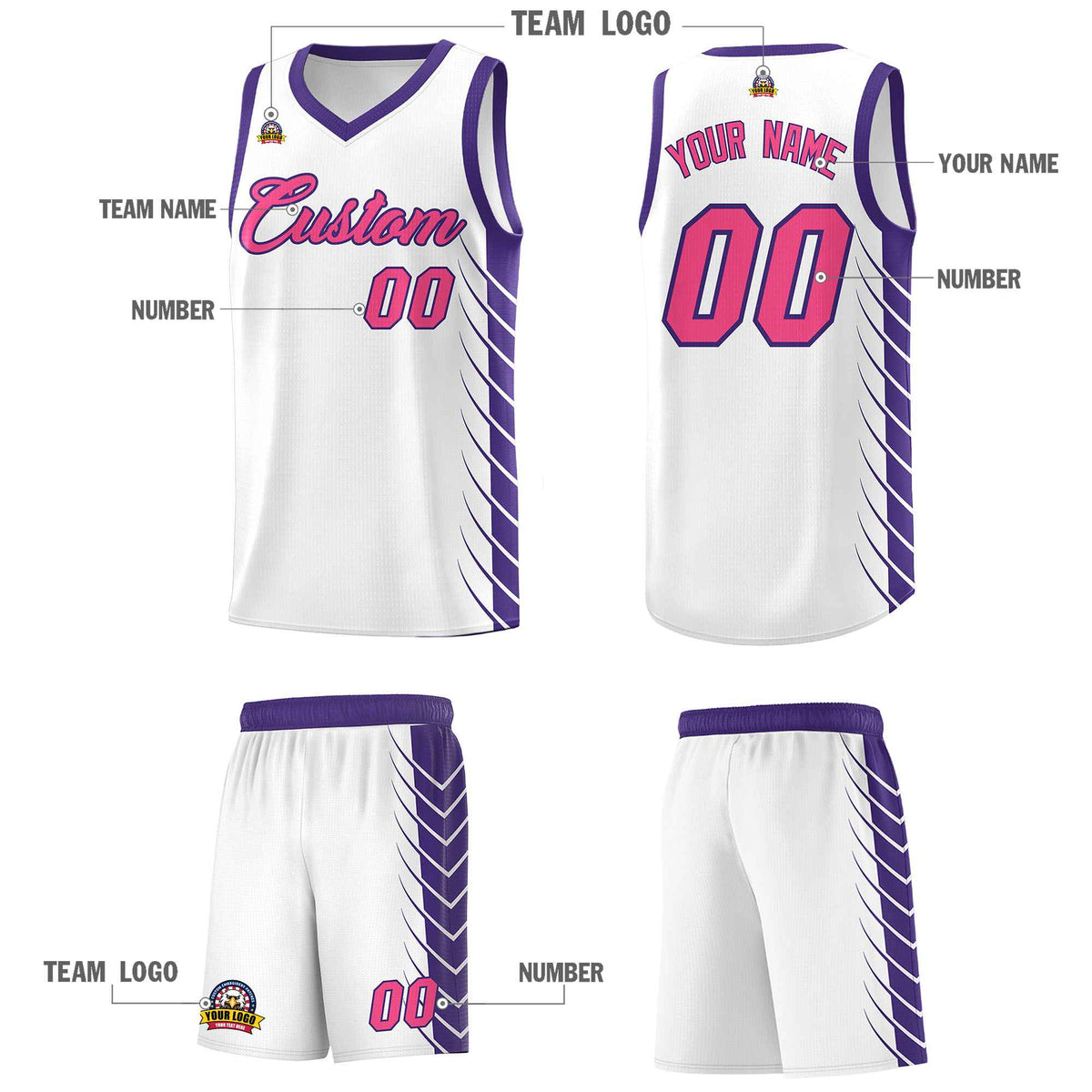 Custom White Purple Personalized Side Symmetrical Line Pattern Sports Uniform Basketball Jersey